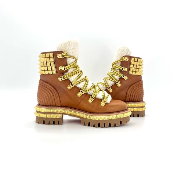 NIB Christian Louboutin Yeti Donna Shearling Sheep Fur Studded Lug Boots 37 - Picture 4 of 9